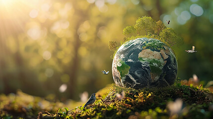 Wall Mural - Image of a bird flying over a sphere of lush green earth bathed in the morning sun.