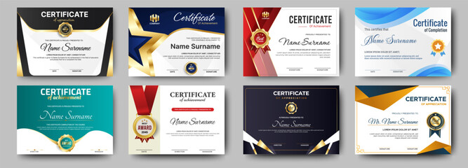 Certificates of completion template with luxury badge and modern line and shapes. Horizontal certificate For award, business, and education needs. Diploma vector template