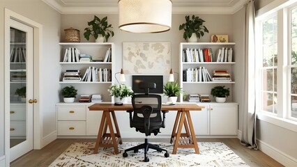 Wall Mural - A stylish home office with a large desk, ergonomic chair, and shelves filled with books and plants