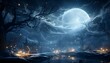 Halloween background with full moon in night sky, 3D illustration