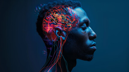 Poster - Brain and thinking in a human head. Brain Nervous System concept. Deep learning, Artificial Intelligence and Machine learning, AI Technology, Thinking concept.