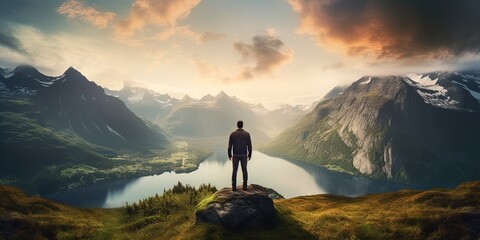 Wall Mural - Man standing on mountain top in the morning overlooking lake between mountains