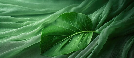 Poster - A single green ramie leaf rests gently on top of a bed, creating a simple yet striking contrast against the fabric. The leafs vibrant color stands out against the neutral background of the bed, adding