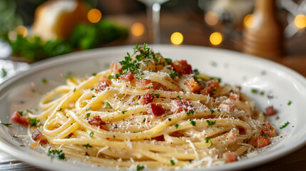 Wall Mural - Classic Italian spaghetti carbonara garnished with parmesan cheese, crispy bacon, and herbs,ai generated