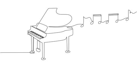 Classic piano with music notes tone one line art drawing. Music instrument object vector illustration. Hand drawn sketch continuous single outline. Classical string viola for melody playing.