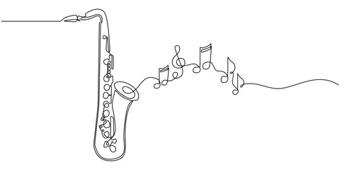 Wall Mural - One line drawing of trumpet with music notes tone design. Classical jazz music instrument. Vector illustration simple continuous outline style.