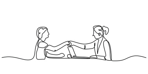 Wall Mural - Woman interviewing woman and handshaking in continuous one line art drawing. Business job career vector illustration editable stroke.