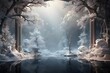 Winter landscape with a pond and trees in the fog. 3d rendering