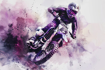 A motocross athlete in action, purple splash watercolor