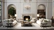 Luxury living room interior with fireplace, sofa and armchairs. 3d rendering