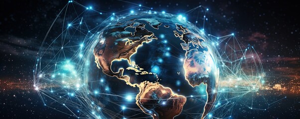 Poster - Communication technology and internet worldwide for business concept. Global world network connected and telecommunication on planet earth cryptocurrency
