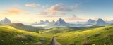 Fototapeta Sport - Pathway forward into a beautiful serene landscape. Horizon views over the rivers, mountains, deserts, and fields
