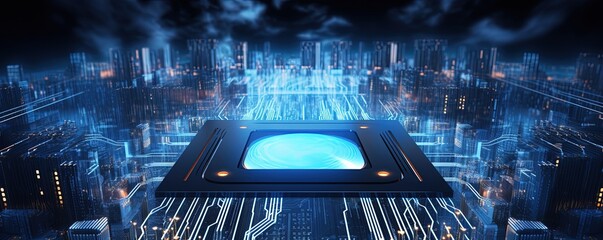 Poster - IT. Information technology concept. Motherboard integrated circuit and tech icons illustrtion. Futuristic bakground