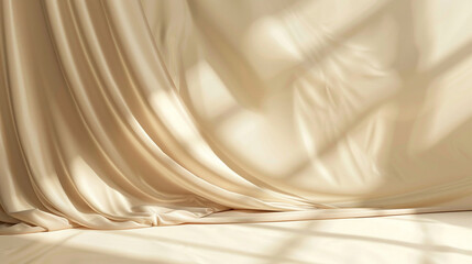 Fototapete - Empty curtains stage light on beige background for product display podium with Generative Ai.