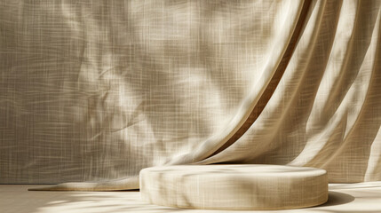 Fototapete - Empty curtains stage light on beige background for product display podium with Generative Ai.