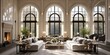The majestic arched windows of the grand room radiate with natural light, creating a perfect balance of symmetry and architecture that evokes a sense