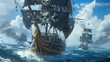A notorious pirate captain with a skull and crossbones flag flying high on their ship leads their crew into battle against a rival faction on the open seas.