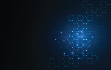 Poster - Hexagons pattern blue background. Genetic research, molecular structure. Chemical engineering. Concept of innovation technology. Used for design healthcare, science and medicine background
