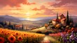 Tuscany landscape panorama with sunflowers and house at sunset
