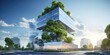 Eco-friendly building in the modern city. Sustainable glass office building with trees for reducing heat and carbon dioxide. Office building with green environment.