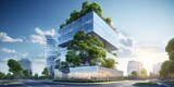 Fototapeta Sport - Eco-friendly building in the modern city. Sustainable glass office building with trees for reducing heat and carbon dioxide. Office building with green environment.