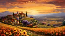 Panoramic View Of Tuscan Landscape With Sunflowers At Sunset