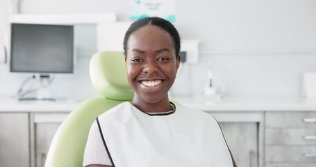 Poster - Happy, black woman and dental care with teeth at dentist for clean mouth, gum or oral treatment at clinic. Portrait of African female person with big smile for tooth whitening, hygiene or healthcare