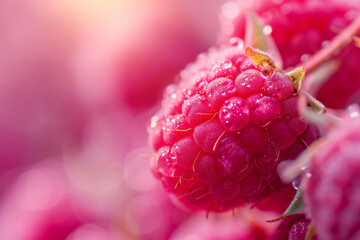 Wall Mural - Close-up of juicy raspberries in juice, close-up macro of raspberries