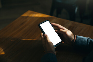 Hand of man using his smartphone of blank screen in home, relaxing