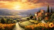 Landscape of Tuscany with sunflowers at sunset.