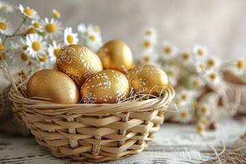 Wall Mural - wicker basket with golden easter eggs on a studio background