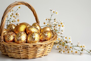 Wall Mural - wicker basket with golden easter eggs on a studio background