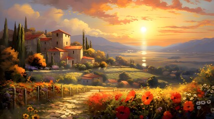 Wall Mural - Panoramic view of Tuscany at sunset with poppies