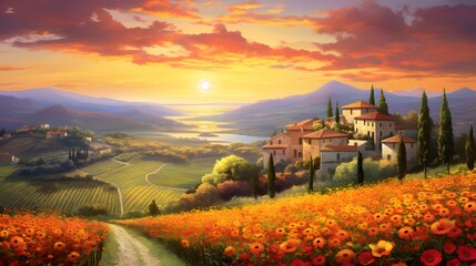 Wall Mural - Panoramic view of Tuscany landscape at sunset, Italy