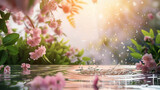 Fototapeta Desenie - Sakura flowers and sparkling water drops mock-up scene with clear space for a product showcase
