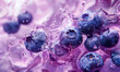 closeup of blueberries in water splash wallpaper, food background, purple natural backdrop
