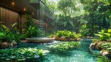 Beautiful Tropical Garden With Pond And Fountain In Hotel