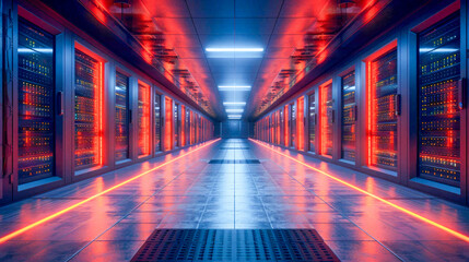 Poster - Futuristic server room with bright lights. Data center concept