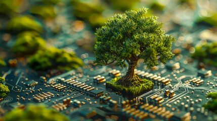 Poster - a green tree growing on a microcircuit