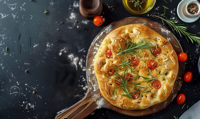 fresh round focaccia bread with rosemary and tomato on a wooden background seen from above, food pho