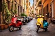 Classic Vespa Scooters in Rome: A charming scene of colorful Vespa scooters parked on a cobblestone street in Rome, Italy.

