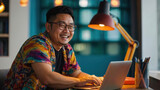 Fototapeta Sport - Asian Man Exuding Joy And Satisfaction As She Works On Her Laptop