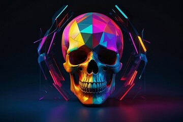 A vibrant and abstract skull with neon colors and geometric shapes set against a dark and mysterious background. 