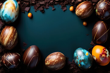 Wall Mural - Top down view of an Easter border frame of robin's eggs and chocolate eggs with copy space in the middle