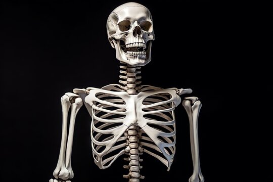 Human skeleton anatomy concept isolated black background.