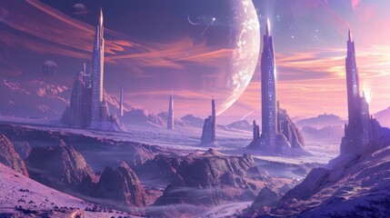 Wall Mural - a futuristic space city with towering structures on an alien planets surface