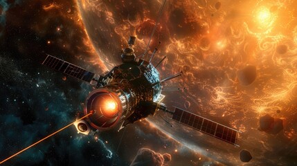 Wall Mural - spacecraft approaching a celestial body for scientific exploration and research
