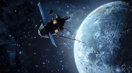 Wall Mural - spacecraft entering the orbit of a distant moon, ready for scientific exploration