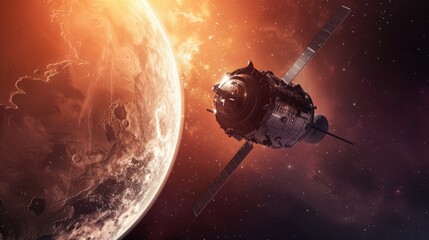 Wall Mural - spacecraft approaching a celestial body for scientific exploration and research