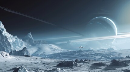 Wall Mural - spacecraft exploring the icy rings of a distant gas giant planet